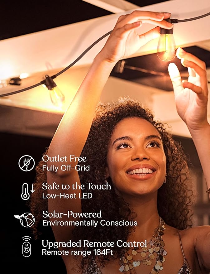 Brightech 104 (52x2) FT Ambience Pro Solar Powered Outdoor LED String Lights - Waterproof Remote Control Lights - 32 Bulbs, 7W Solar Powered Soft White Light for Camping, Patio, Garden