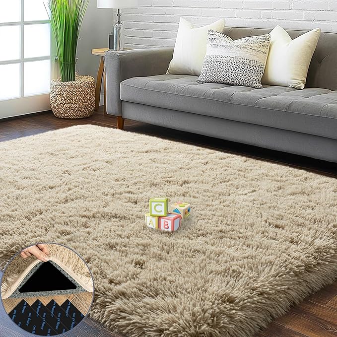 4x6 Area Rug for Bedroom, Soft Rugs for Living Room Nursery Kids Room Dorm Home Decor Aesthetic, Fluffy Shaggy Rug with 4 Anti-Slip Carpet Tapes, Light Tan