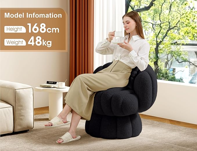 Mid Century Modern 360 Degree Barrel Swivel Accent Vanity Chair,Fluffy Sherpa Fabric Lounge Wide Upholstered Pumpkin Reading Chair, Round Cloud Armchair for Living Room,Bedroom,Vanity(Black)