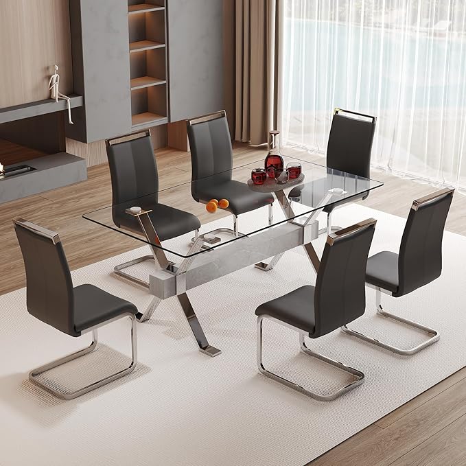 7 Piece Glass Dining Table Set, Kitchen Table Chairs Set for 6, 71'' Dining Table with 0.4" Tempered Glass Tabletop with Plated Metal Legs and MDF Crossbar, 6 PU Chairs for Dining Room, Kitchen.