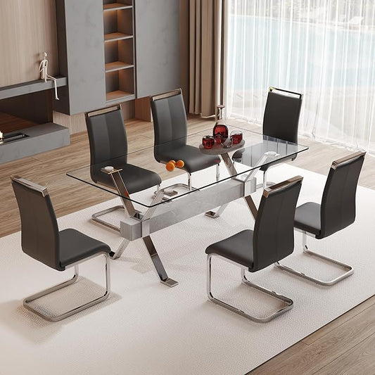 7 Piece Glass Dining Table Set, Kitchen Table Chairs Set for 6, 71'' Dining Table with 0.4" Tempered Glass Tabletop with Plated Metal Legs and MDF Crossbar, 6 PU Chairs for Dining Room, Kitchen.