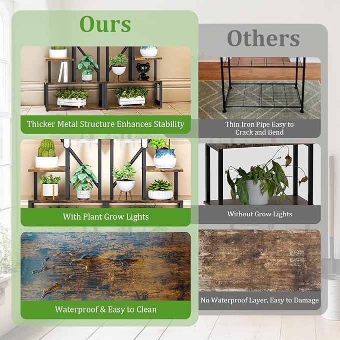 unho Plant Stand Indoor with Grow Lights, 3 Head Full-spectrum Plant Grow Lights，6 Tiered tiered plant plant shelf indoor Multiple, Half Heart Shape Plant Rack, Large Brown Plant Holder for Home Patio Balcony (2 Pack)