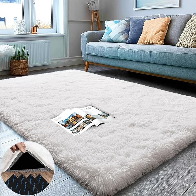 3x5 Area Rug for Bedroom, White Rugs for Living Room Nursery Kids Room Dorm Home Decor Aesthetic, Fluffy Shaggy Rug with 4 Anti-Slip Carpet Tapes