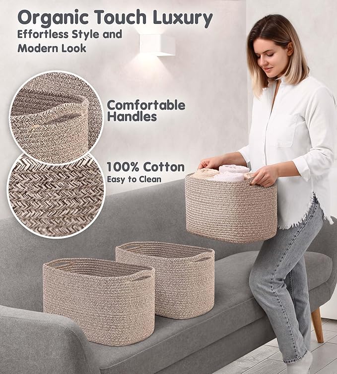 CHAT BLANC Cotton Rope Baskets for Organizing | Storage Baskets for Shelves | Rope Basket for Storage, Small Laundry Baskets, Woven Baskets for Storage, Dog Toy Bin, Baby Basket, Brown 3 Pack