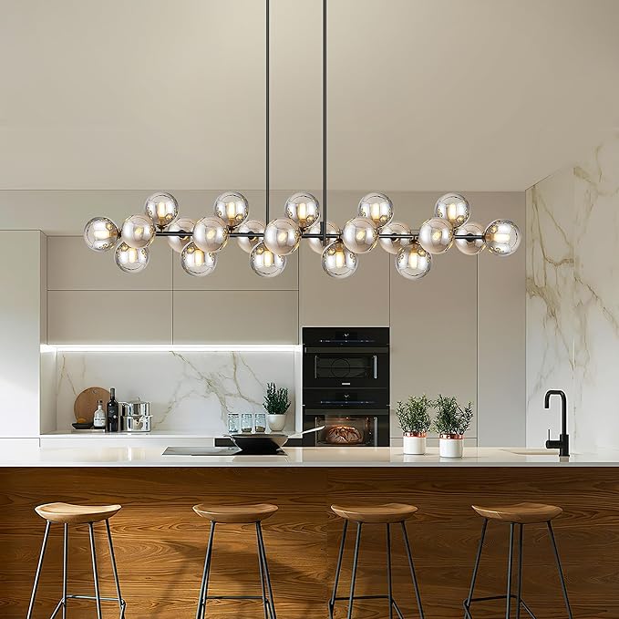 Linear Chandeliers for Dining Room, Glass Globe Sputnik Linear Chandelier Black with 22 Lights Smoky Gray Lampshade, Hanging Island Pendant Light for Kitchen, Oval Table, Farmhouse, Dia 70 Inch