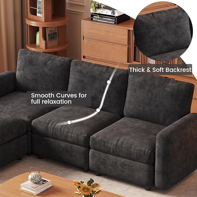 Cloud Couch Modular Sectional Sofa with Ottoman,6 Seat Combination (4 Seater and 2 Ottomans), Grey Corduroy L Shaped Couch, Comfy Modular Sofa for Living Room, Bedroom, Lounge