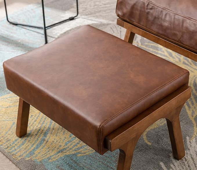 Wahson Brown Leather Mid-Century Modern Accent Chair and Ottoman Set, Retro Upholstered Armchair with Wood Frame and Removable PU Cushions, Large Leisure Slipper Chair for Living Room/Bedroom