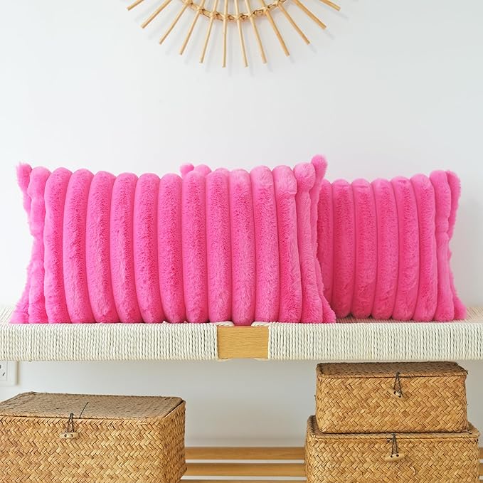 JOJUSIS Pack of 2 Faux Fur Plush Decorative Throw Pillow Covers Couch Cushion Case Soft Pillowcases (Hot Pink, 12 x 20-Inch)