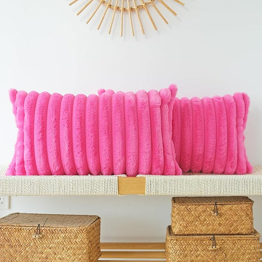 JOJUSIS Pack of 2 Faux Fur Plush Decorative Throw Pillow Covers Couch Cushion Case Soft Pillowcases (Hot Pink, 12 x 20-Inch)