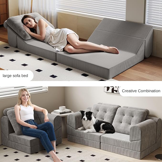 COMAX Folding Sofa Bed, 8-in-1 Foldable Floor Couch Corduroy Convertible Futon Sofa, Fold Out Chair Bed Sleeper Mattress Comfy Portable Lounge Loveseat Guest for Living Room Bedroom, Light Grey