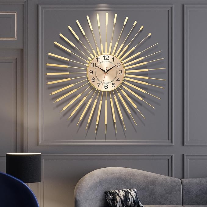 Wall Clock Large 23 Inch - Starburst Sunburst Round Gold, Modern Non-Ticking Battery Operated Silent Decorative Clock for Living Room Bedroom Kitchen Office