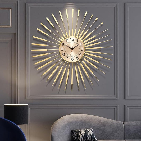 Wall Clock Large 23 Inch - Starburst Sunburst Round Gold, Modern Non-Ticking Battery Operated Silent Decorative Clock for Living Room Bedroom Kitchen Office