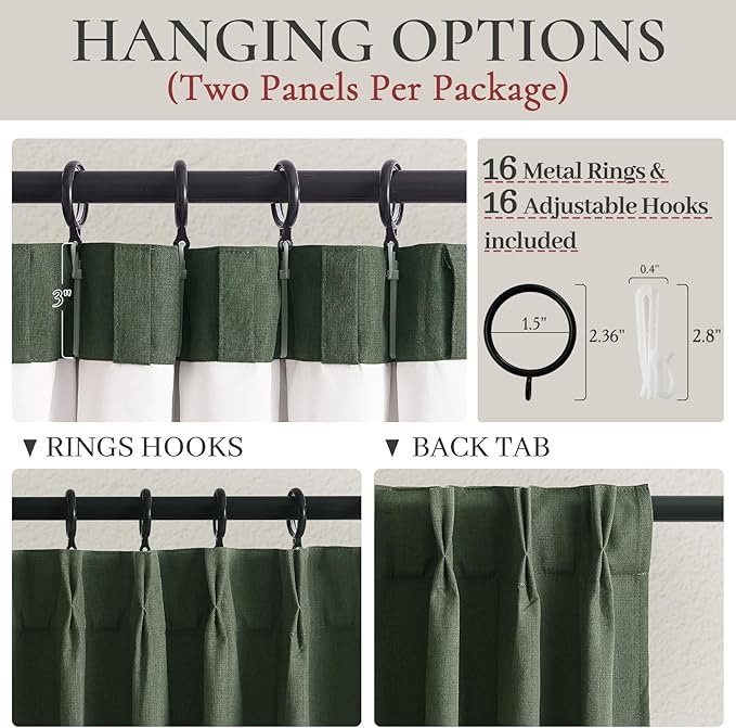 Olive Green Pinch Pleated Cafe Blackout Curtains 45 Inch Length for Small Windows, Dark Academia Cottage Core Curtains Faux Linen Viral Kitchen Drapes Room Darkening Thermal 2 Panels Set(40"W x 45"L)