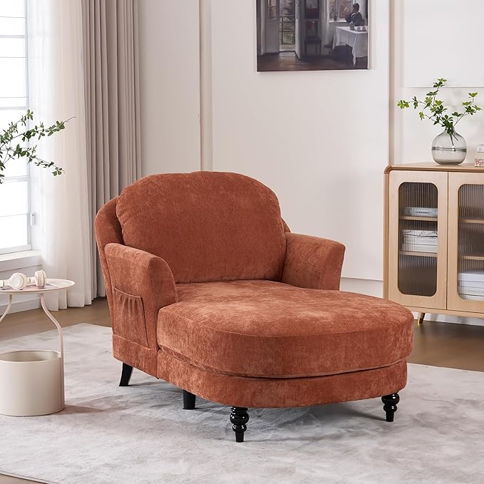 Chaise Lounge Chair Indoor, 59.8"Oversized Couch Reading Chairs, Chenille Comfortable Deep Sleeping Single Sofa, Upholstered Modern Couch Sofa Bed for Living Room, Bedroom & Apartment (Orange)