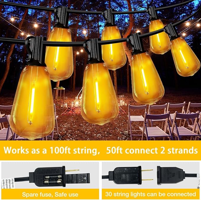 DAYBETTER 120ft Extra Long Outdoor String Lights,2200K 40 Shatterproof ST38 Bulbs Commercial Grade Weatherproof String Lights for Outside Patio, Garden, Backyard & Parties