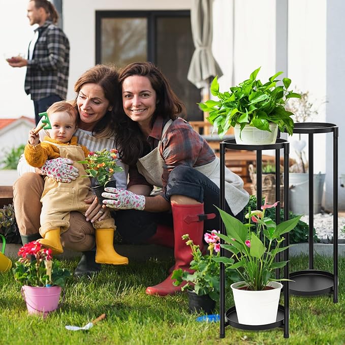 2 Tier Round Tall Metal Plant Stand indoor outdoor, Rustproof Round Planter Display Storage Rack, Heavy Duty Potted Holder for Home Garden Patio Bathroom Living Room(Black)