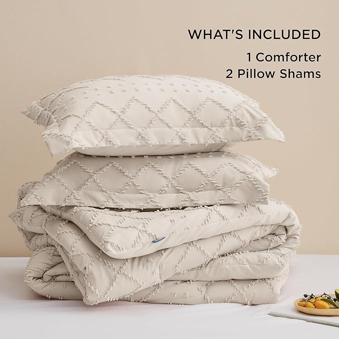 Bedsure Oversized King Comforter Set - Beige Comforter, Boho Tufted Shabby Chic Bedding, 3 Pieces Vintage Farmhouse Bed Set for All Seasons, Fluffy Soft Bedding with 2 Pillow Shams