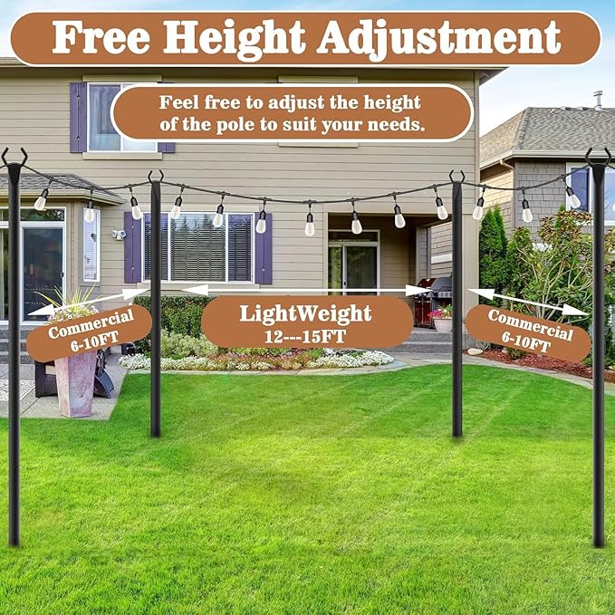 2 Pack String Light Poles,Metal Poles for Hanging Outdoor Light Strings,7 Pack 10 FT Light Poles Stand for Outside Garden,Patio,Wedding,Backyard,Deck,Party