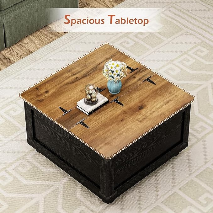 Farmhouse Coffee Table with Storage, Black Lift Coffee Tables for Living Room, Square Coffee Table with Wood Gourd Feet and Hydraulic Gas Rod, Black