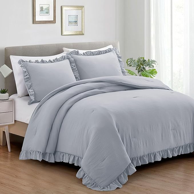 Bonlino Bed Bedding Comforter Set King - 3 Pieces Farmhouse Comforter Set, Ruffle Fluffy Boho Bedding Set Bedroom Comforter & 2 Ruffled Pillow Shams (King, Grey)