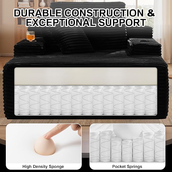 Chaise Lounge Chair Indoor, 67" Oversized Comfy Plush Fur Sleeper Sofa Bed with Cup Holders and Wide Armrests, Boneless Upholstered Recliner Bed, Modern Cloud Couch for Living Room, Black