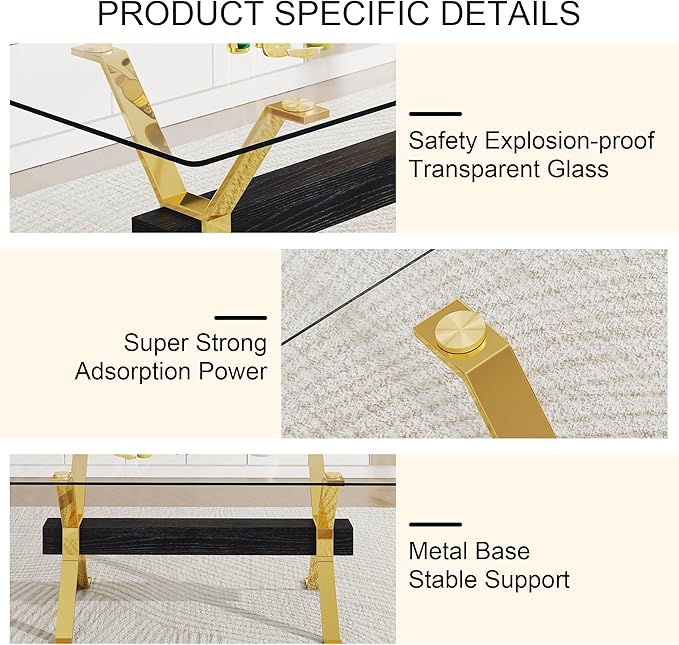 79" Glass Dining Table, Modern Kitchen Table, Modern Dining Table Set for 6, 0.5" Thick Tempered Glass Tabletop with Gold Chrome Metal Legs and Black Crossbar, Ideal for Dining Room, Kitchen