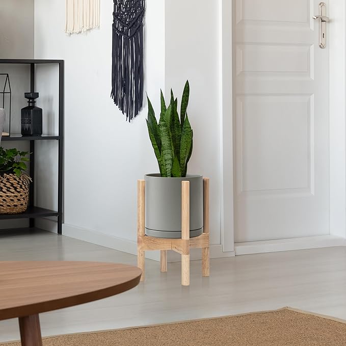 D'vine Dev Ceramic Planter with Natural Stand - 8 Inch Modern Round Flower Pot with Wood Planter Holder, Grey, 55-B-N-3