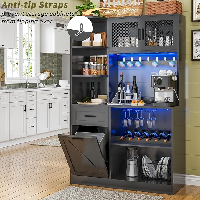67.3" Tall Modern Black Kitchen Pantry Storage Cabinet with Drawer and Shelves, Tilt Out Trash Can, Coffee Bar Wine Cabinet with LED Lights and Power Outlet, Wine Glass Rack, 2 Mesh Doors