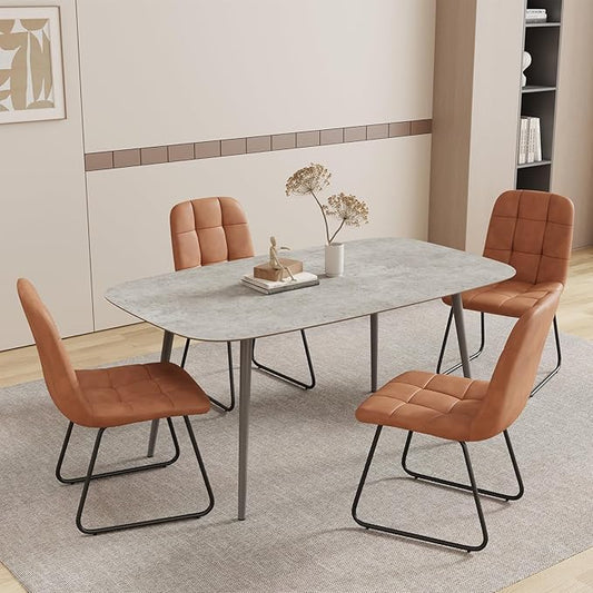 55.1'' Dining Table Set for 4,Modern Wood Dining Table,Leather Dining Chairs 4,Table and Chairs Set of 4,Ideal for Kitchen Dining Room (Gray Table + 4 U-Shaped Brown Chairs, 55.1")