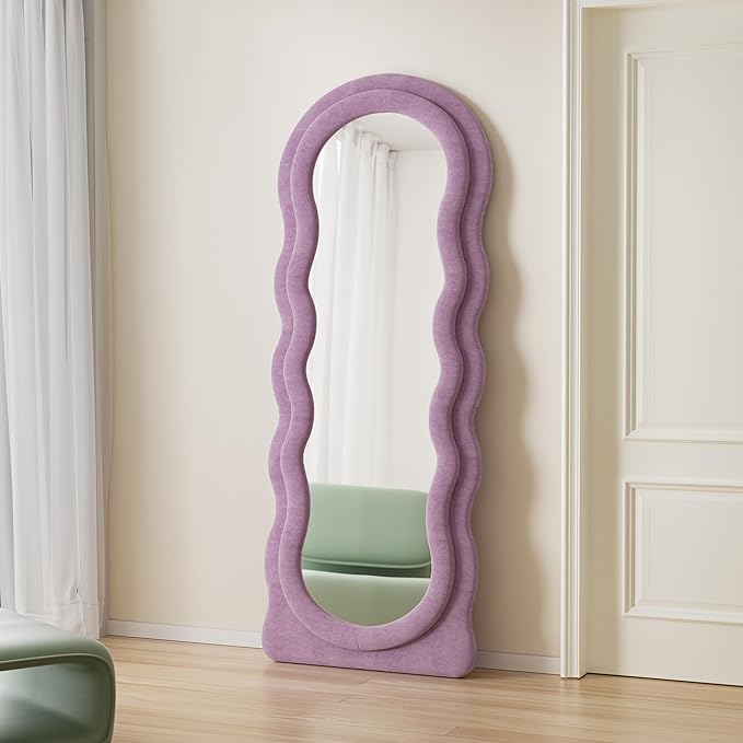 Full Length Mirror, 63"x24" Wavy Floor Mirror, Arched Standing Mirrors Full Length, Cloud Shaped Flannel Wall Mirrors, Dressing Body Mirror Hanging or Leaning Against Wall for Bedroom (Purple)