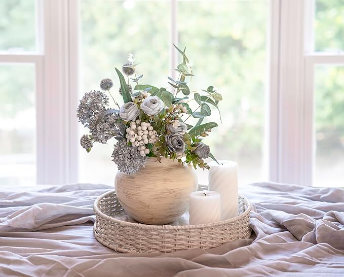 Handmade Beige White Two-Ear Ceramic Vase, Textured Pottery Vase with Two Ears for Centerpieces, Kitchen, Living Room, Bedroom Decor Gifts (Beige White, Short)