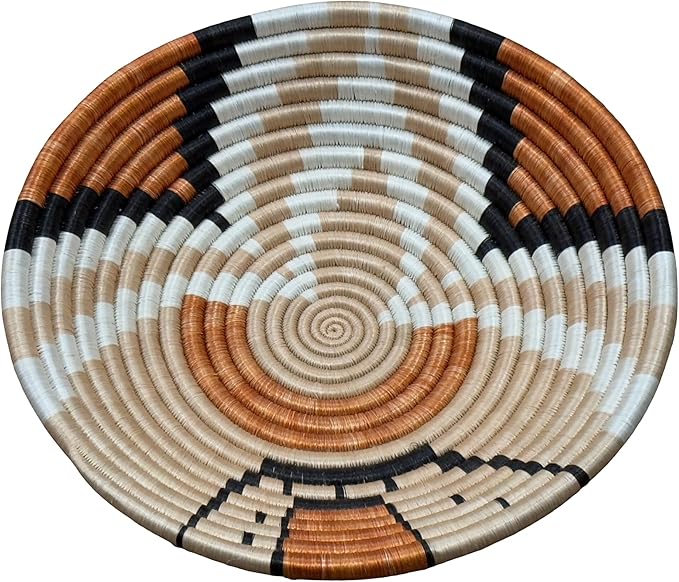 Handwoven African Basket Handmade sisal Fruit Bowl Wall Hanging decorative Baskets for Home Living Room Kitchen Centerpiece Zen Designs Arts and Crafts (Tan Teja Natural Black, 8in diameter)