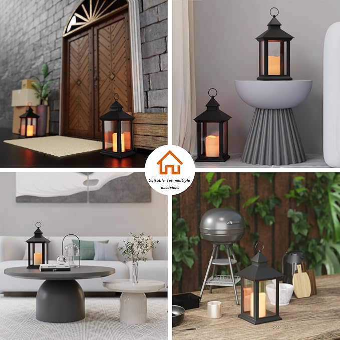 14" Lanterns Decorative Indoor, Black Lantern Decor with Timer Flameless Candle, Vintage Farmhouse Outdoor Lanterns, Waterproof Hanging Lantern for Patio, Porch, Entryway, Centerpieces