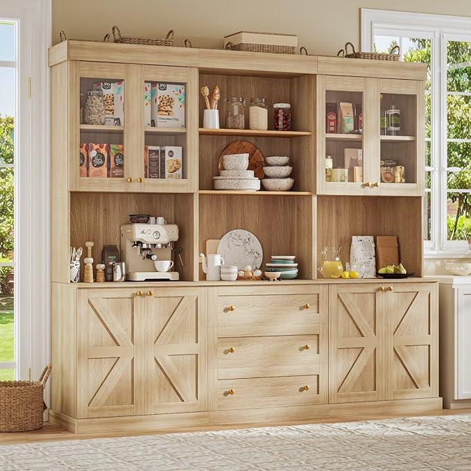 71" Farmhouse Kitchen Pantry, Rustic Brown Freestanding Coffee Bar Hutch with Microwave Stand, Storage Cabinet with Glass Doors, Drawers & Adjustable Shelves for Kitchen or Living Room, Set of 3