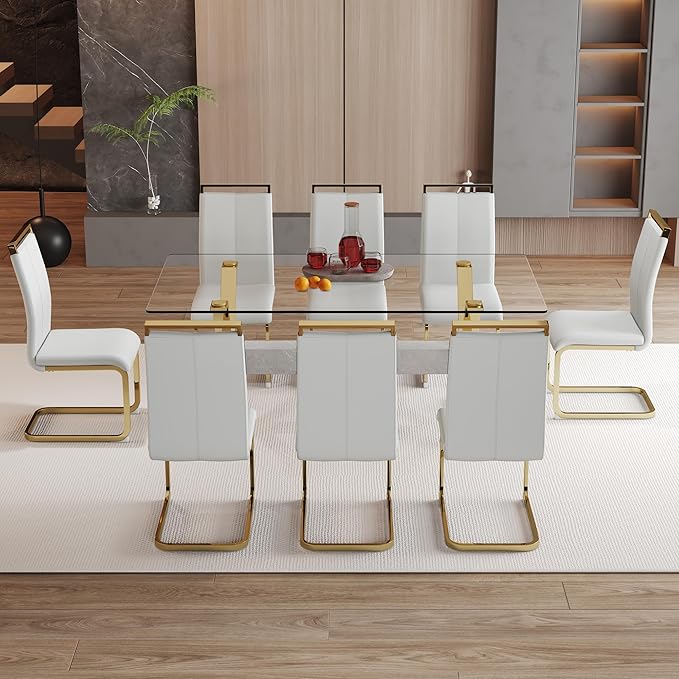 9 Piece Glass Dining Table Set, Kitchen Table Chairs Set for 8, 71'' Dining Table with 0.4" Tempered Glass Tabletop with Plated Metal Legs and MDF Crossbar, 8 PU Chairs for Dining Room, Kitchen.