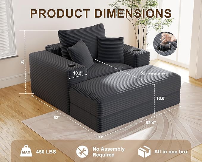62" Oversized Chaise Lounge Chair Indoor, Corduroy Boneless Chaise Lounge Couch Sleeper Chair, Convertible Oversized Reading Chairs, Plush Compression Sofa with Ottoman, Dark Grey