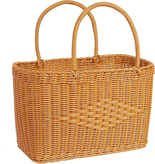 Big Picnic Basket-40cm Diameter with Handles Handmade Plastic Rattan Woven Basket Multifunctional Woven Storage Basket, Storage Basket for Camping,Shopping, Market, Birthday, Wedding,Picnic, Party