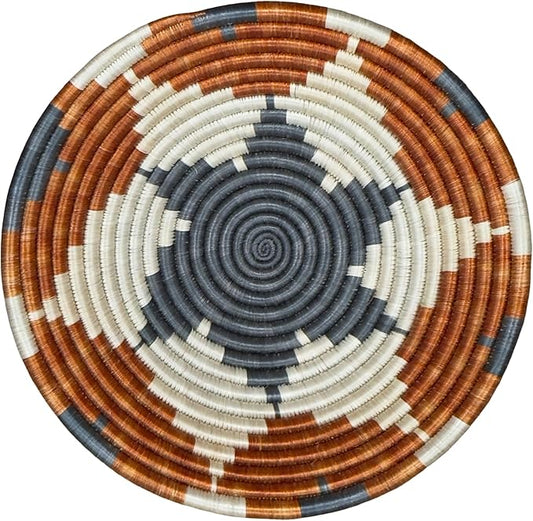 Handwoven African Basket Handmade sisal Fruit Bowl Wall Hanging decorative Baskets for Home Living Room Kitchen Centerpiece Zen Designs Arts and Crafts (Terracotta Grey White, 12in diameter)