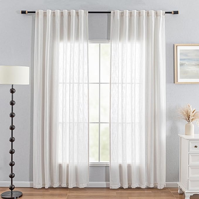 MYSKY HOME Natural Linen White Curtains 80 Inches Long, Semi Sheer Soft Cotton Window Drapes Set for Living Room Back Tab Elegant Cute Look Country Bedroom Curtains, 50" x 80", Beige, Pack-2
