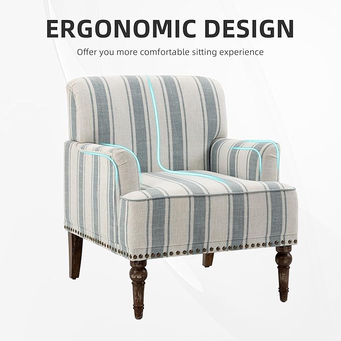 Modern Accent Chair with Arms,2 Set Mid Century Stripe Armchair for Living Room,Comfy Linen Fabric Single Sofa for Apartment Bedroom,Comfortable Cushioned Seat for Reading Home Office-Blue Stripe