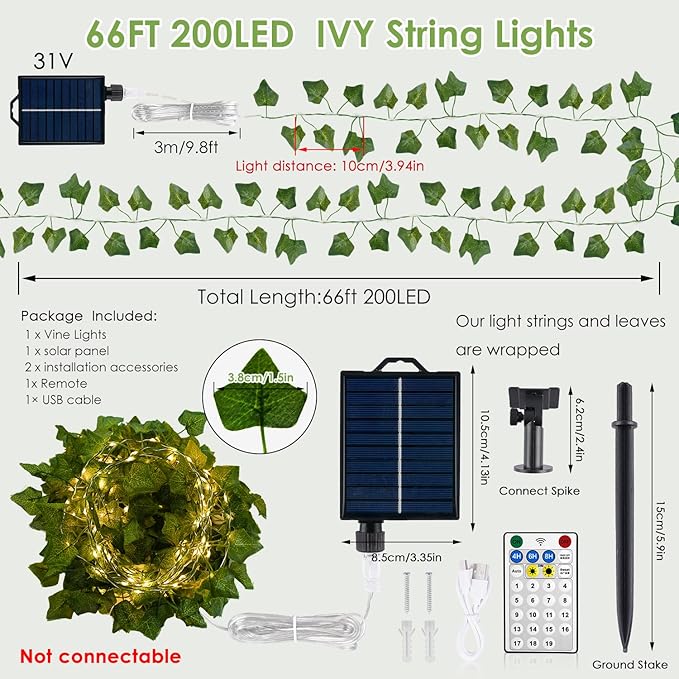 OMIKA Solar Fairy Lights with Vine, 66FT 200LED Solar String Lights & USB Outdoor Waterproof with Ivy, 19 Modes Vines with Light for Balcony Camping Outside Garden Yard Fence Wedding (Warm White)
