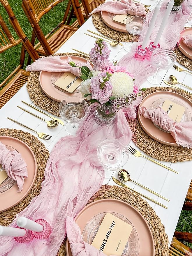 8 Pack Light Pink Easter Cheesecloth Table Runner 35x120 Inches 10ft Boho Gauze Cheese Cloth Runners, Long Romantic Sheer Table Runner Table Cloht for Wedding Bridal Shower Party Table Decor