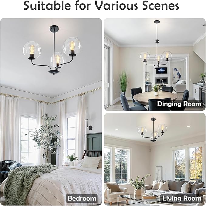 3-Light Modern Globe Cluster Pendant Lighting Chandelier with Clear Glass Spheres and Black Metal Frame