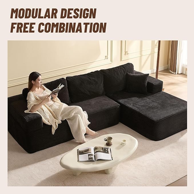 107" Boneless Couch with Deep Seat, Modular Sectional Sofa, Cloud Sectional Couch for Living Room, No Assembly Required, Corduroy, L-Shape Right，Black
