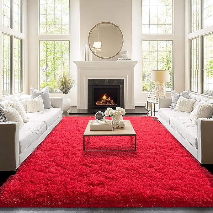 9x12 Area Rugs for Living Room, Red Fluffy Shaggy Rug Soft Carpets, Big Rugs for Bedroom Nursery Kids Room Dorm Home Decor Aesthetic