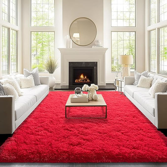 9x12 Area Rugs for Living Room, Red Fluffy Shaggy Rug Soft Carpets, Big Rugs for Bedroom Nursery Kids Room Dorm Home Decor Aesthetic
