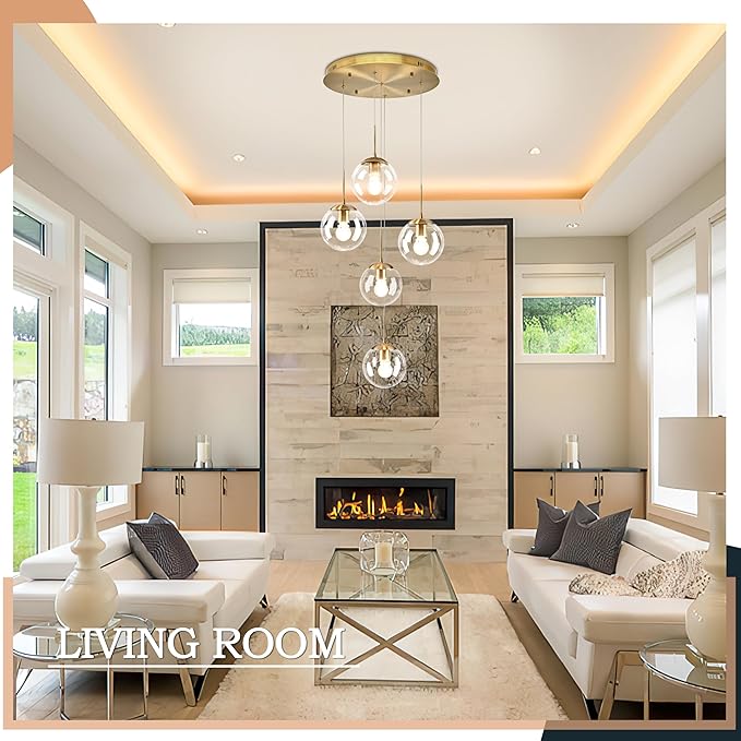 KoKo&Yukina 5-Light Globe Glass Pendant Light Adjustable Length Pendant Lights Modern Gold Clear Globe Glass Chandelier High Ceiling Lights Fixtures for Foyer Staircase Entryway (Bulb & Remote Incl.)