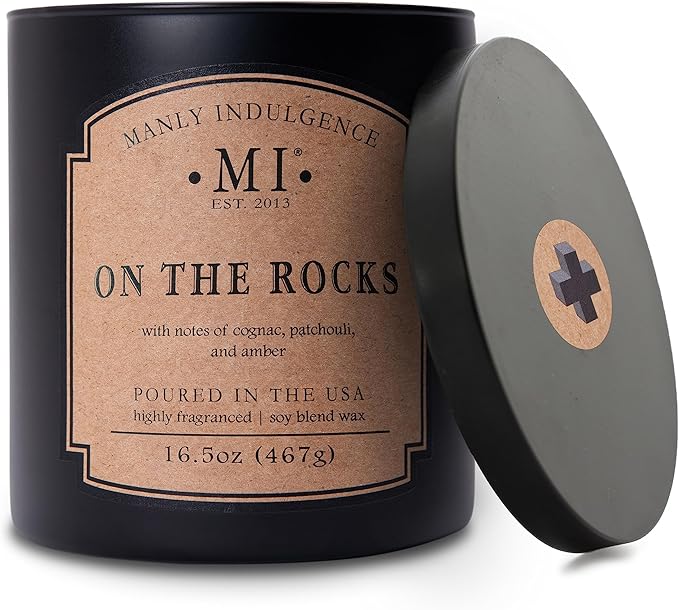 Manly Indulgence On The Rocks Scented Candles for Men, 2 Wick, 16.5 oz, Premium Soy Blend Wax, 60H Burn, Candles for Home Scented - Made in The USA