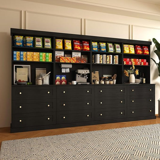 71" Tall Farmhouse Kitchen Pantry, Large Storage Cabinet with Drawers, Freestanding Coffee Bar Hutch with Microwave Stand, Adjustable Shelves for Kitchen, Living Room, Black 4 Pcs