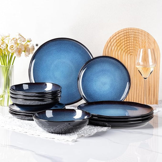 LeRatio Ceramic Dinnerware Sets for 4,Wavy Reactive Glaze Stoneware Plates and Bowls Sets,Highly Scratch Resistant | Dishwasher & Microwave,Oven Safe Dishes Set(12PCS)